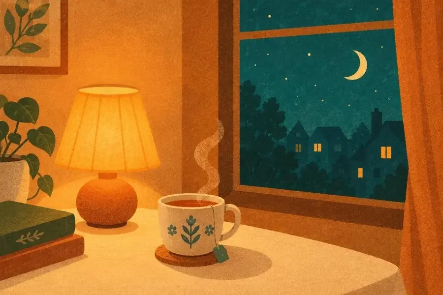 深夜疗愈频道封面：小灯、热茶与青色夜窗