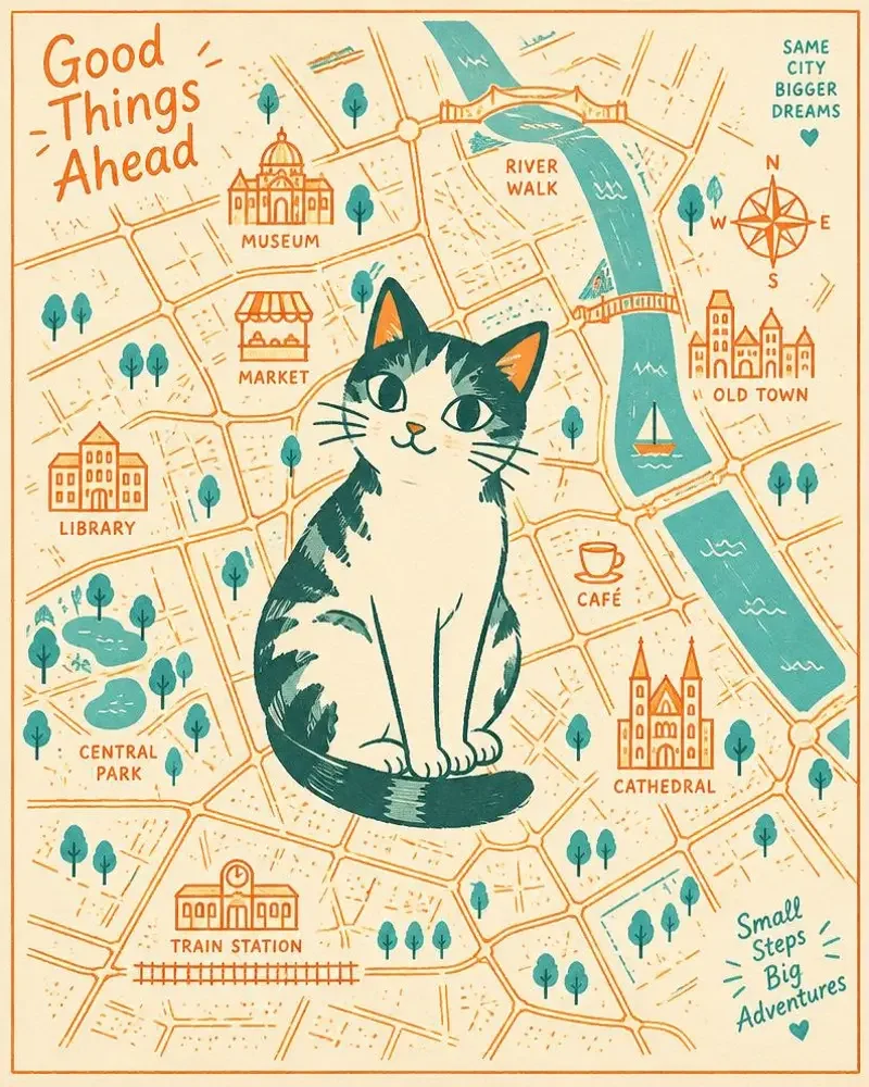 猫咪制图师影视封面：一只猫坐在手绘城市地图上