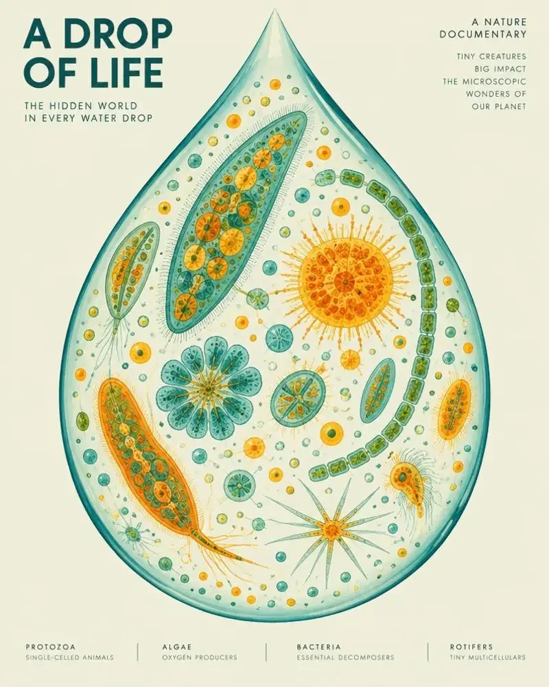 微观世界：三天纪录片封面：水滴中色彩斑斓的微生物